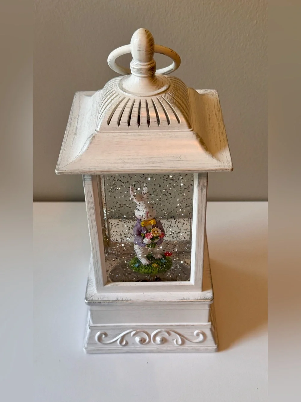 Easter Farmhouse White Distressed Lantern Water Globe with Bunny Figurine